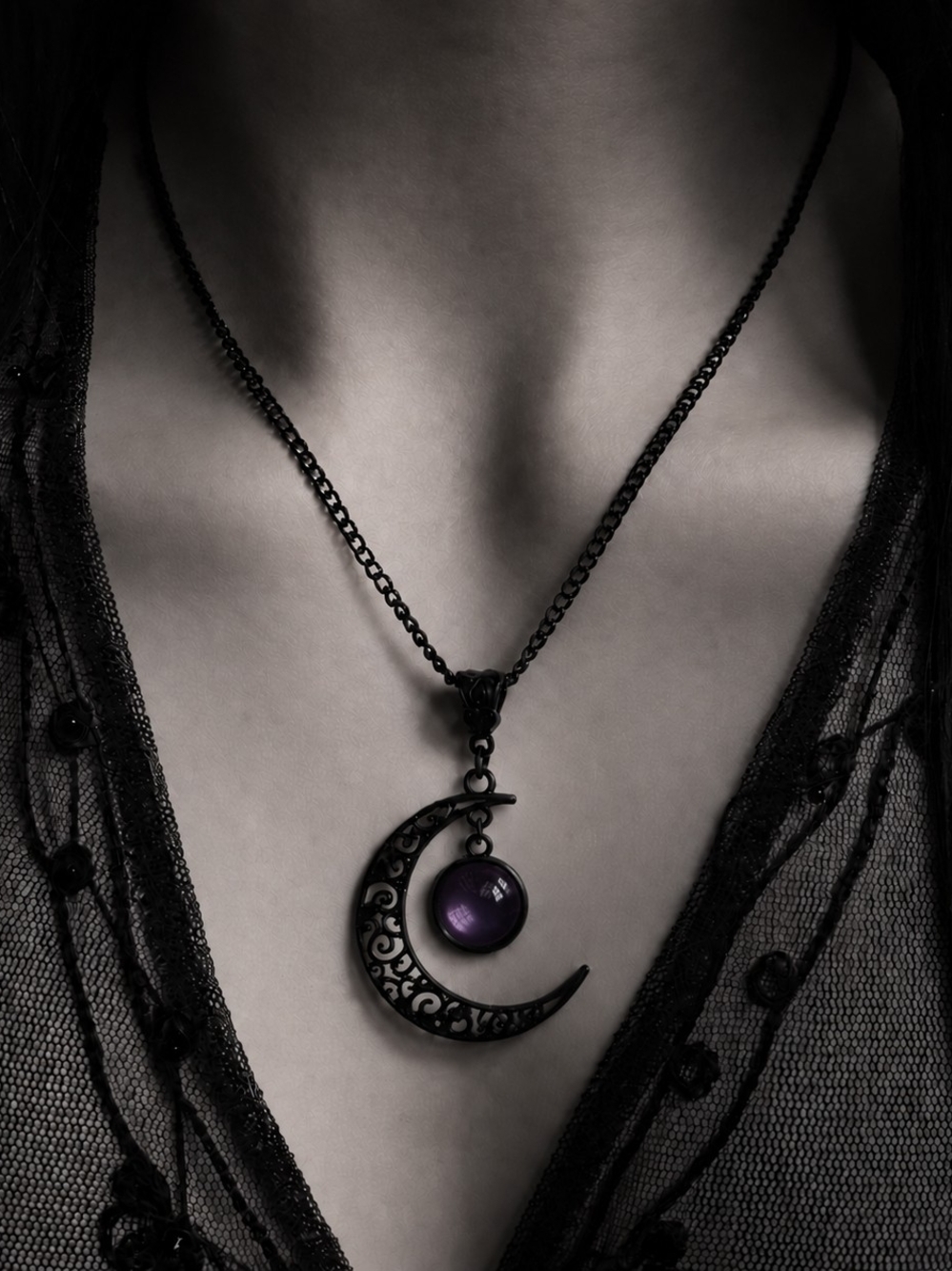 Black Crescent Moon Necklace – Purple Orb Gothic Pendant
